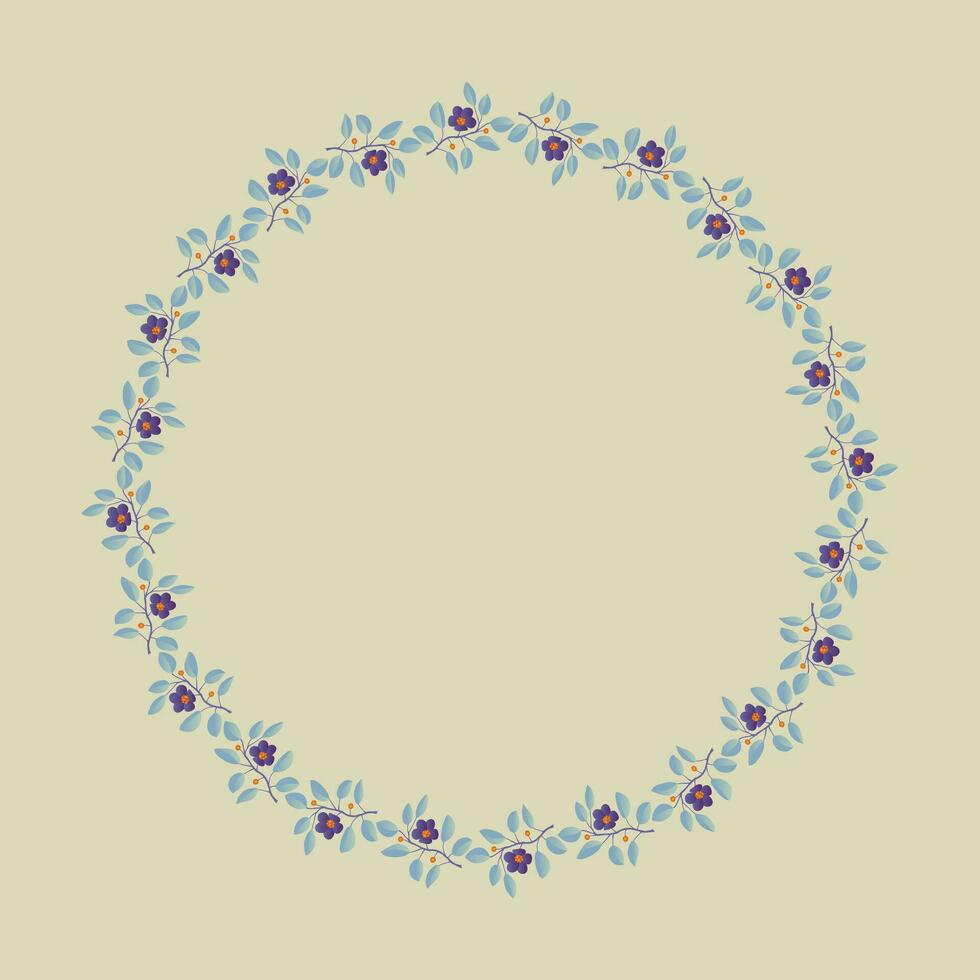 Floral wreath, branches with teal leaves and purple flowers on cream background. Vector illustration, design for poster, banner, invitation, book, fashion fabric, wrapping.
