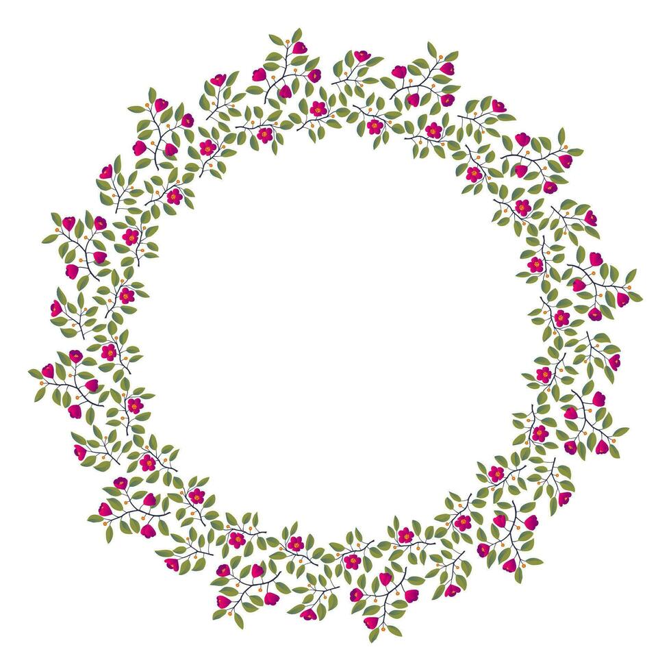 Floral wreath, branches with leaves and bright magenta flowers on white. Vector illustration, design for poster, banner, invitation, book, fashion fabric, wrapping.