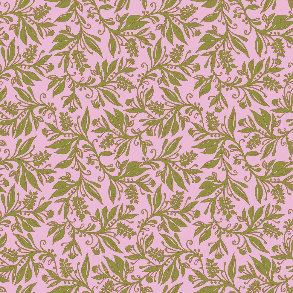 Floral seamless pattern with leaves and berries in chartreuse green, pink, wine red colors, handdrawn and digitized. Design for wallpaper, textile, fabric, wrapping, background. vector