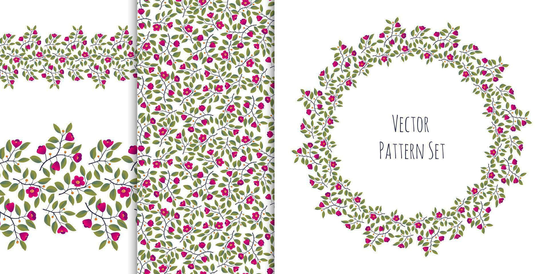 Set of floral backgrounds seamless border, pattern, wreath, branches with leaves and bright magenta flowers on white. Vector illustration, design for wallpaper, textile, fabric, wrapping, packaging