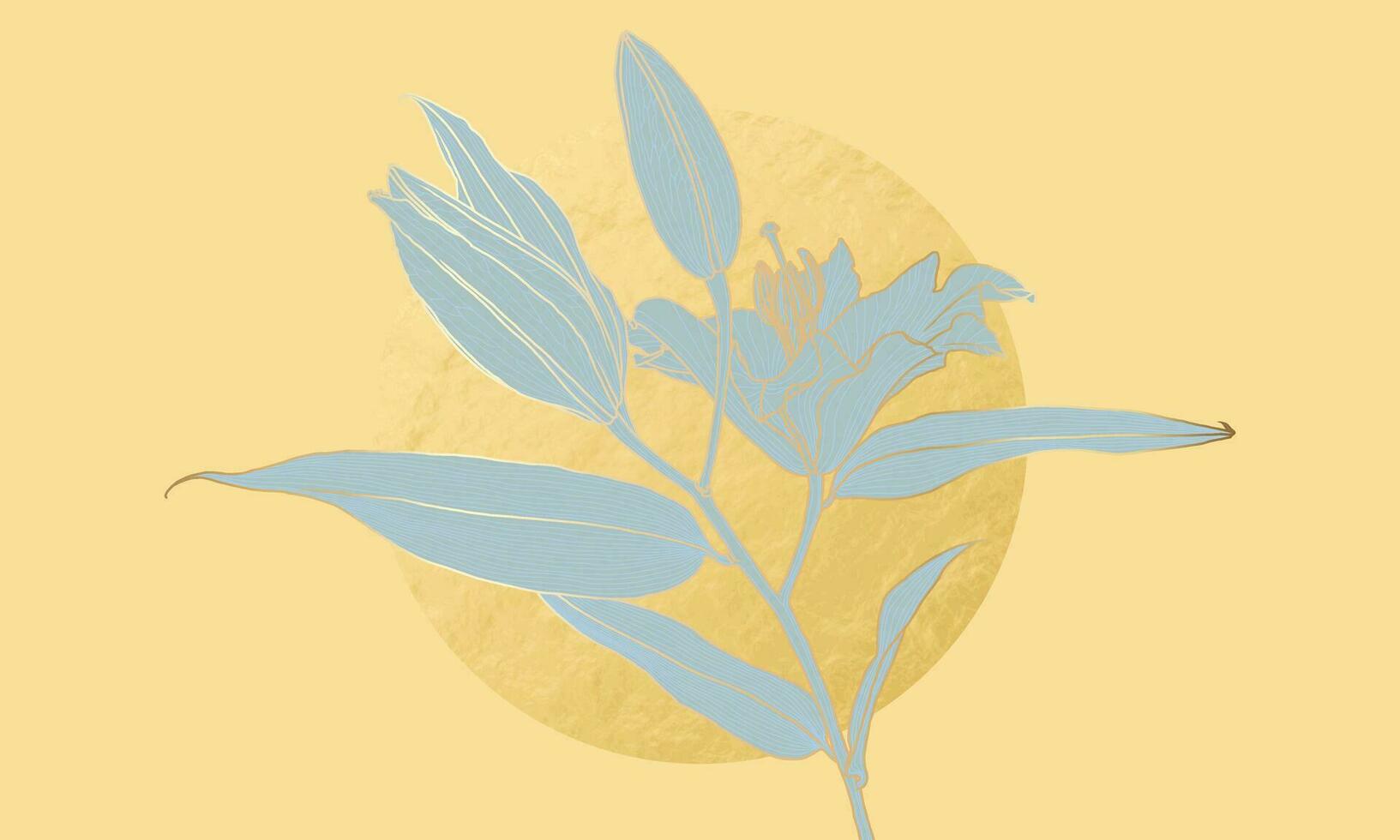 Luxurious lily flower in art deco style light blue silhouette with gold outline and gold foil circle on yellow. Wallpaper design for print, poster, cover, banner, invitation, postcard. vector