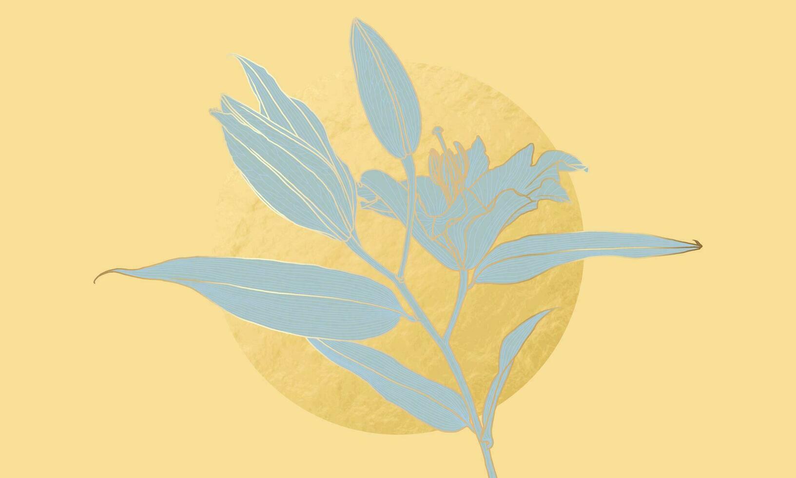 lujoso lirio flor en Arte deco estilo ligero azul silueta con oro contorno y oro frustrar circulo en amarillo. fondo de pantalla diseño para imprimir, póster, cubrir, bandera, invitación, tarjeta postal. vector