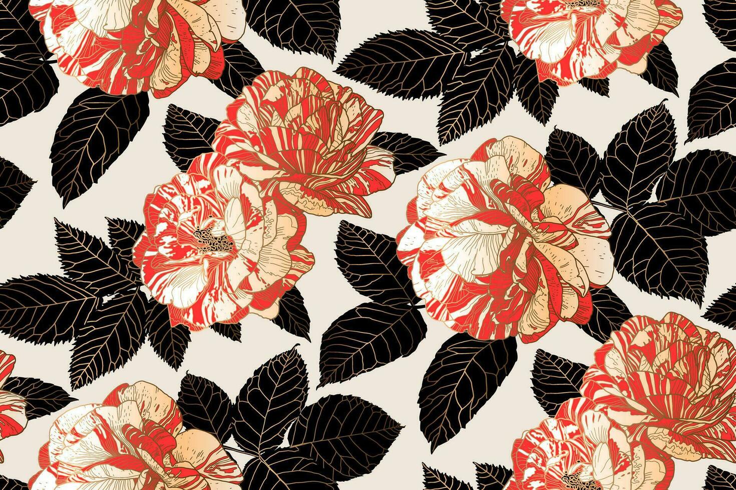 Floral repeating pattern of white-red roses and black leaves with bronze outlines. Hand drawn contour lines. Wallpaper design for textiles, paper, print, fashion, card background, beauty products. vector