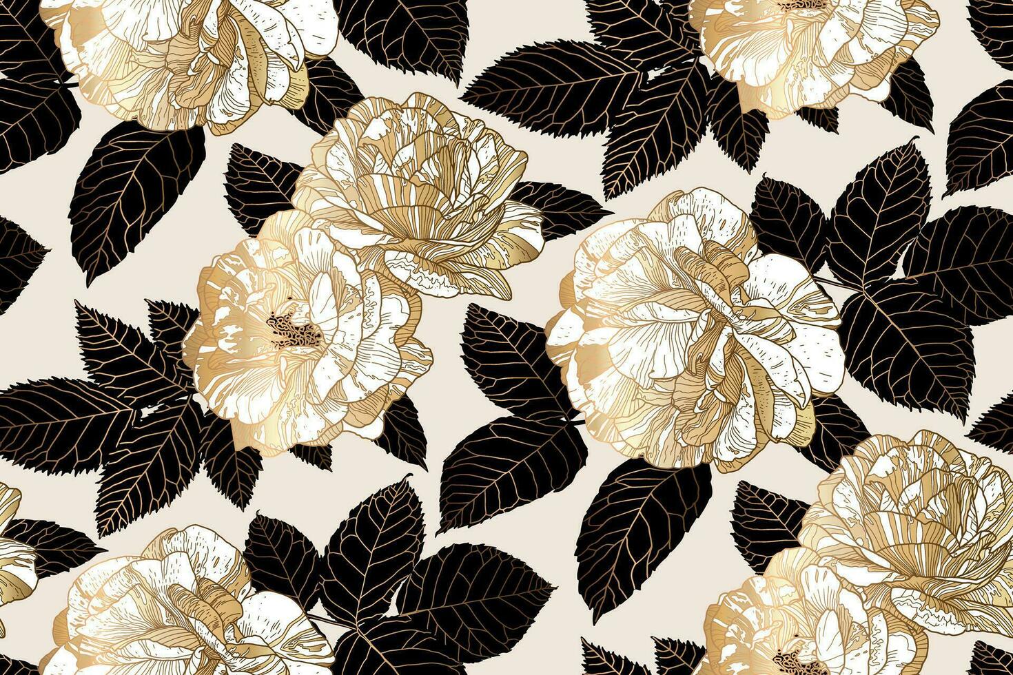 Seamless luxury pattern with white and gold roses and black leaves on cream backdrop. Hand drawn contour lines. Wallpaper design for textiles, paper, print, fashion, card background, beauty products. vector