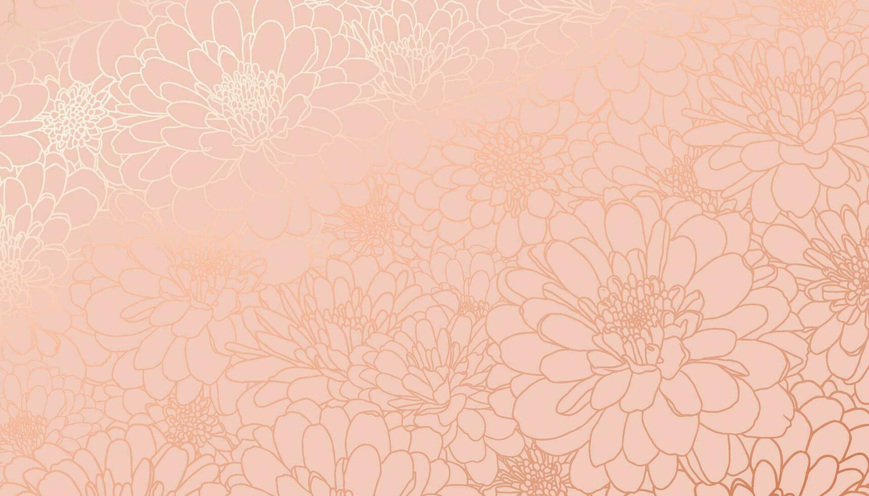 Metallic foiled chrysanthemum flowers in hand drawn line art on calm coral background. Luxurious art deco wallpaper design for print, poster, cover, banner, fabric, invitation. vector