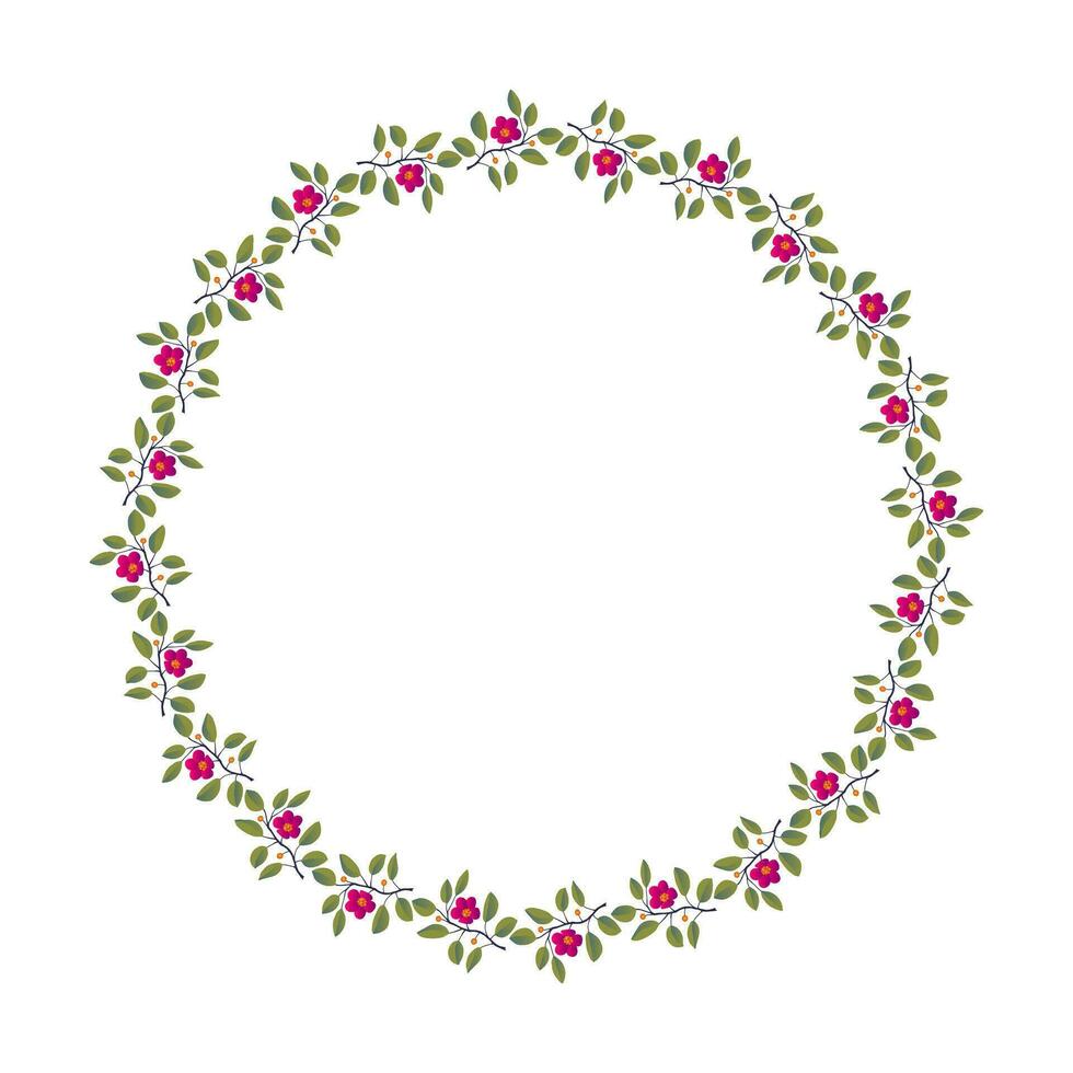 Floral wreath, branches with leaves and bright magenta flowers on white. Vector illustration, design for poster, banner, invitation, book, fashion fabric, wrapping.
