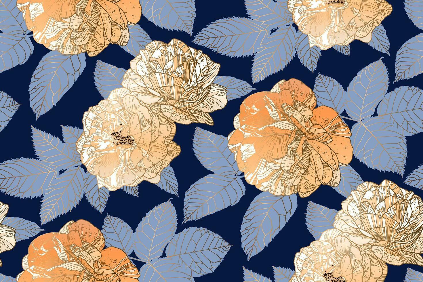 Floral repeating pattern of roses in sandy brown color and light blue leaves on dark blue backdrop. Wallpaper design for textiles, papers, prints, fashion, card background, beauty products. vector
