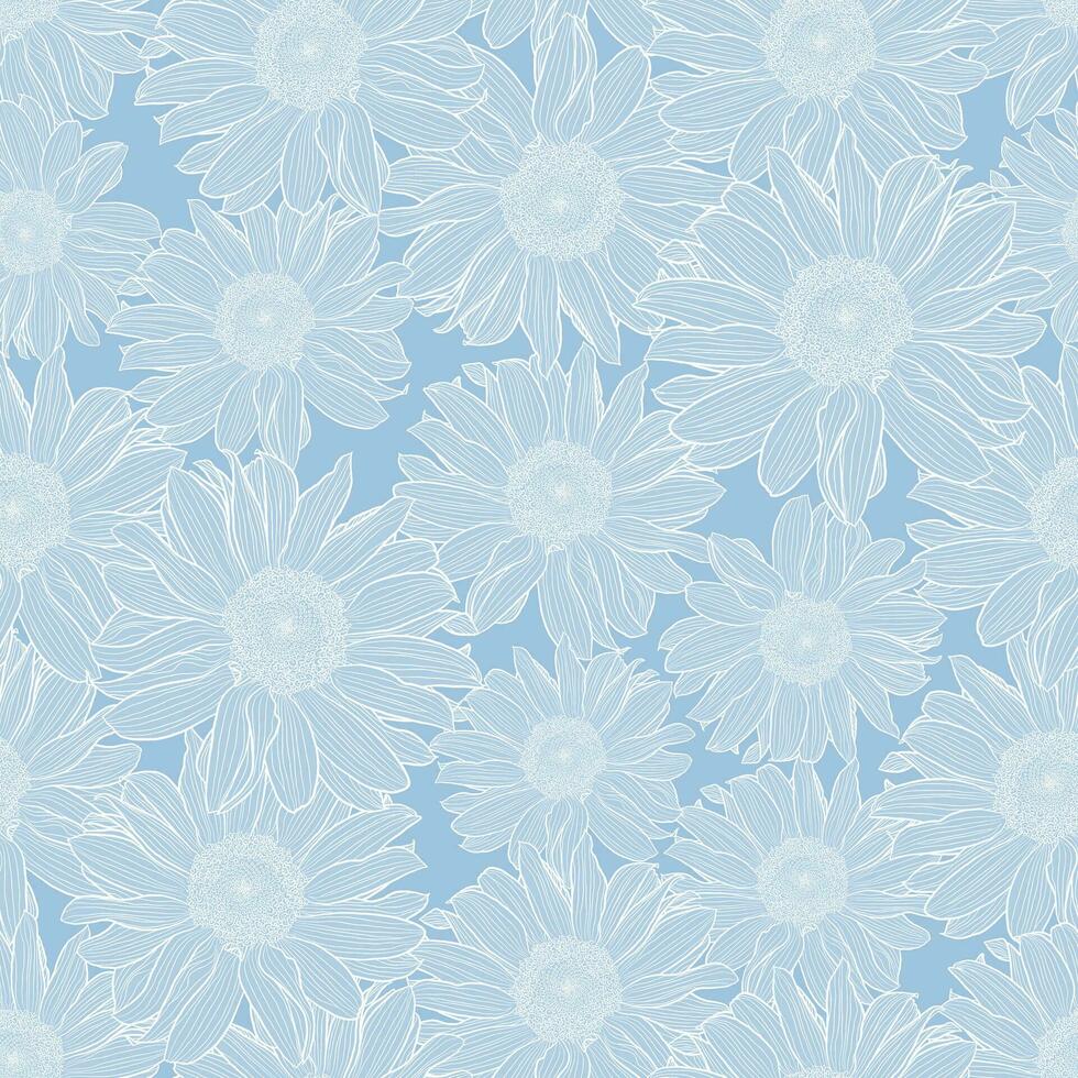 Vector floral seamless pattern of chamomile flowers in light blue pastel colors with white outline. Decorative print for wallpaper, wrapping, textile, fashion fabric or other printable covers.