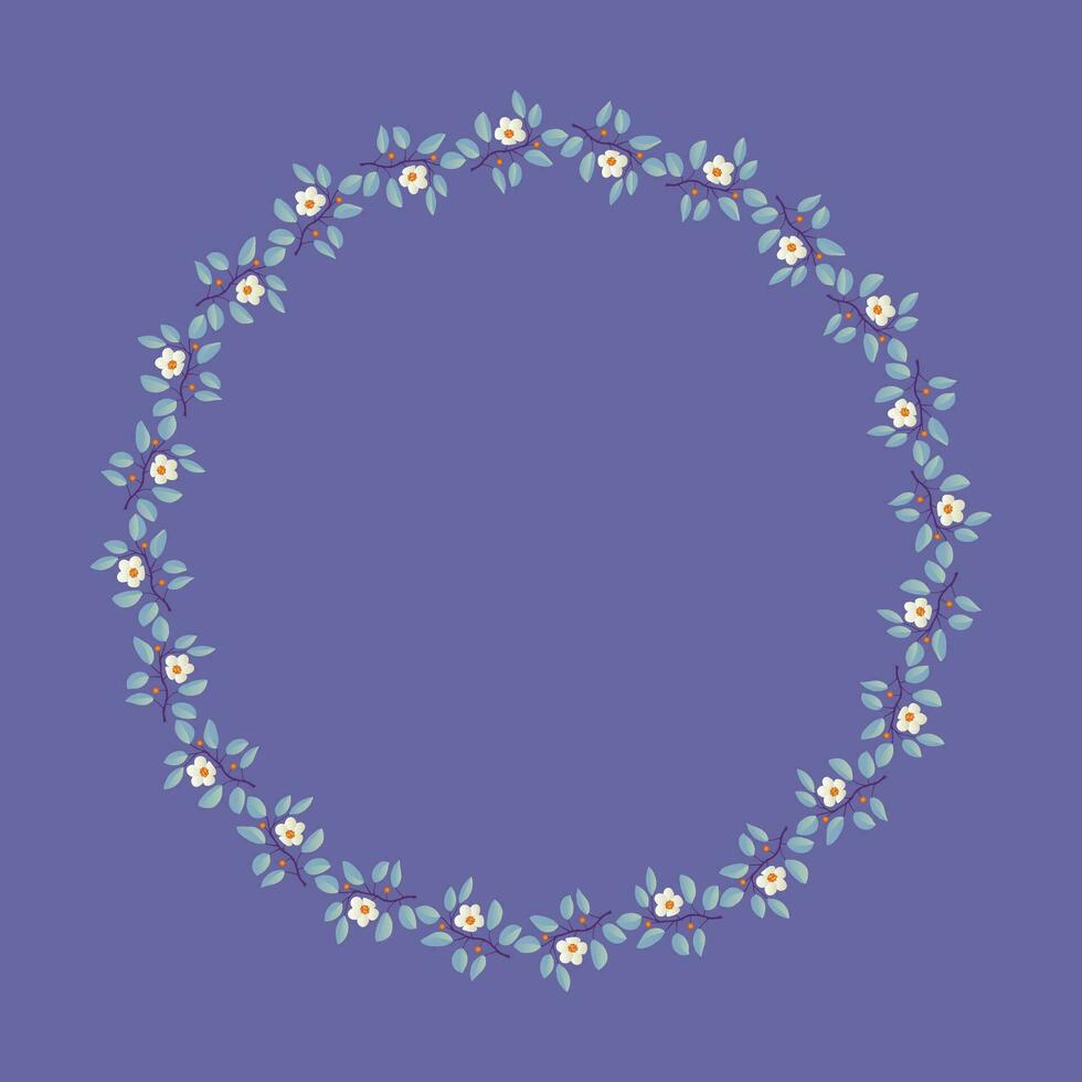 Floral wreath, branches with teal leaves and light cream flowers on purple. Vector illustration, design for poster, banner, invitation, book, fashion fabric, wrapping.