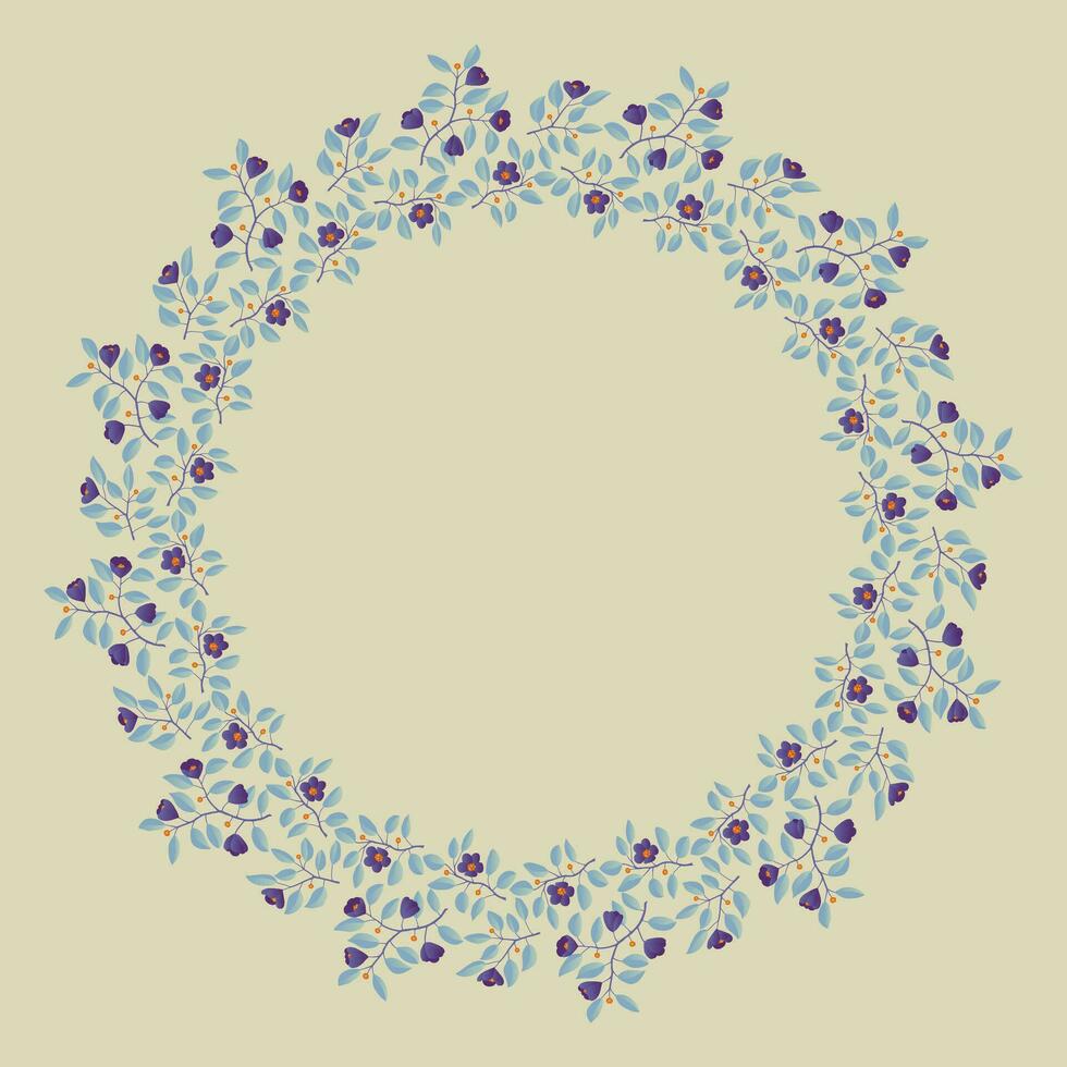 Floral wreath, branches with teal leaves and purple flowers on cream background. Vector illustration, design for poster, banner, invitation, book, fashion fabric, wrapping.