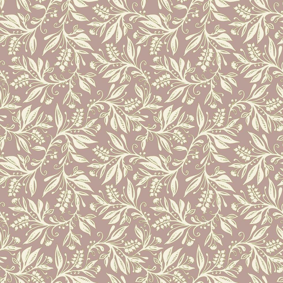 Floral seamless pattern with leaves and berries in cream, taupe and green colors, hand-drawn and digitized. Design for wallpaper, textile, fabric, wrapping, background. vector