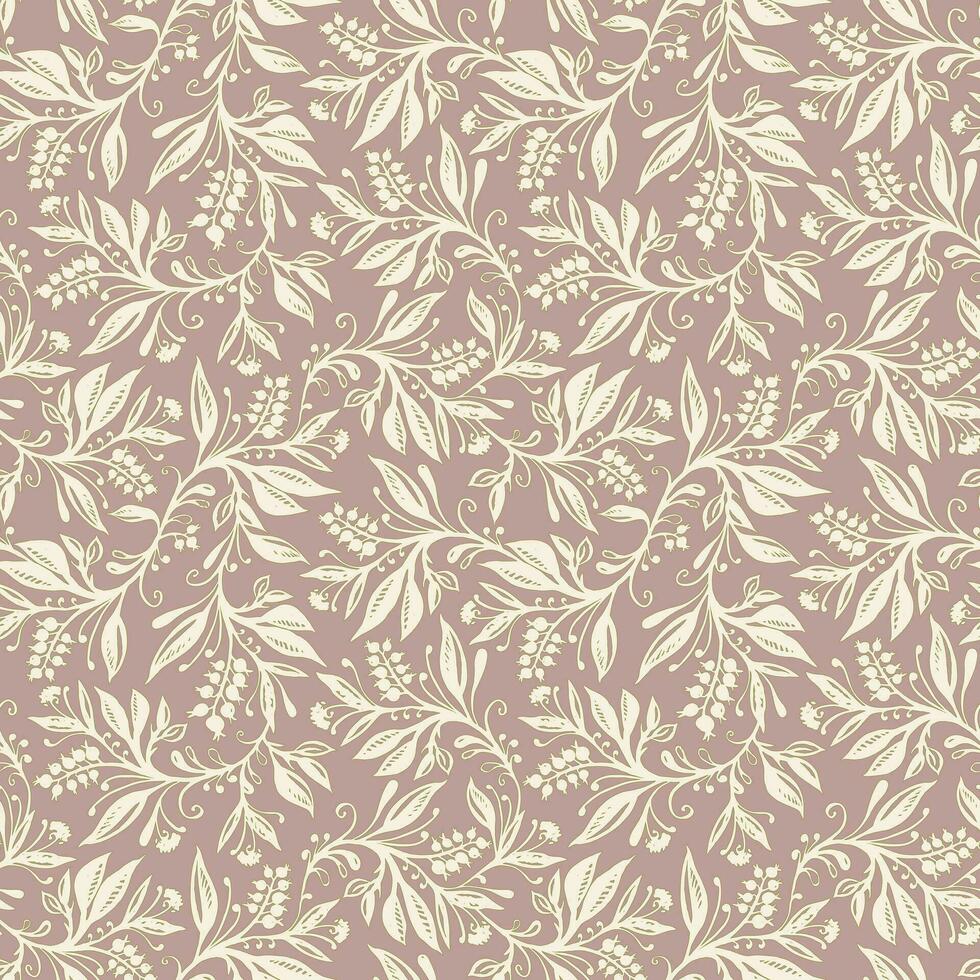 floral sin costura modelo con hojas y bayas en crema, gris pardo y verde colores, dibujado a mano y digitalizado. diseño para fondo de pantalla, textil, tela, envase, antecedentes. vector