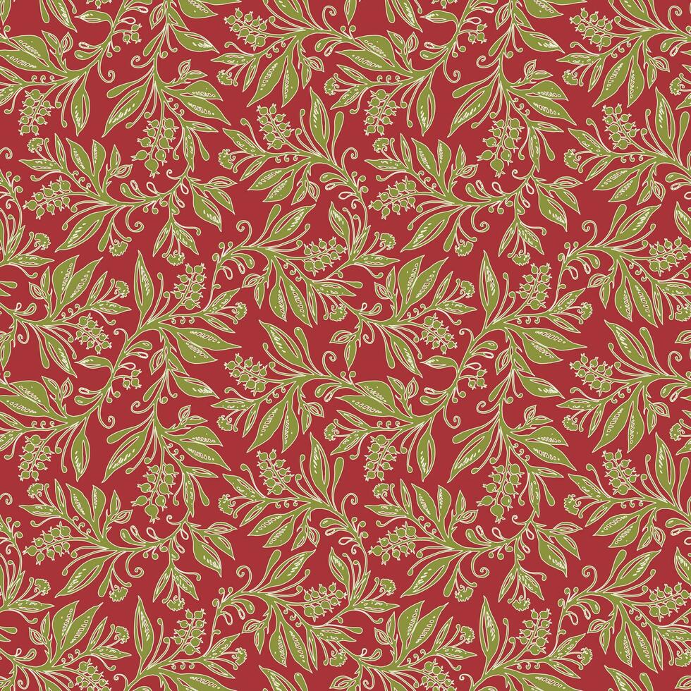 Floral seamless pattern with leaves and berries in wine red, green and cream colors, handdrawn and digitized. Design for wallpaper, textile, fabric, wrapping, background. vector