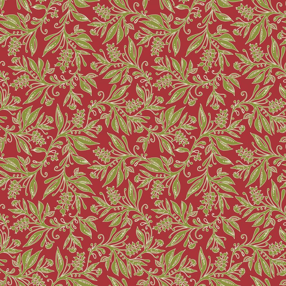 floral sin costura modelo con hojas y bayas en vino rojo, verde y crema colores, dibujado a mano y digitalizado. diseño para fondo de pantalla, textil, tela, envase, antecedentes. vector