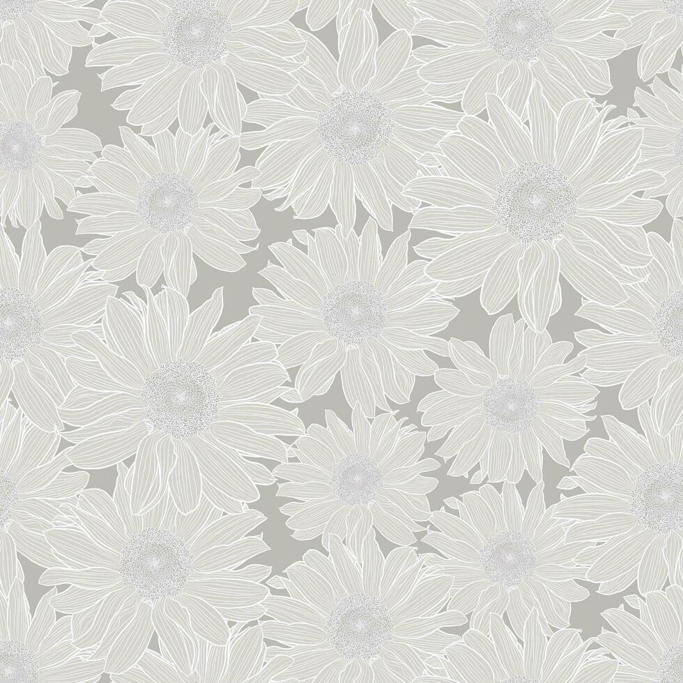 Floral seamless pattern of light grey chamomile flowers with white outline on grey background. Decorative print for wallpaper, wrapping, textile, fashion fabric or other printable covers. vector