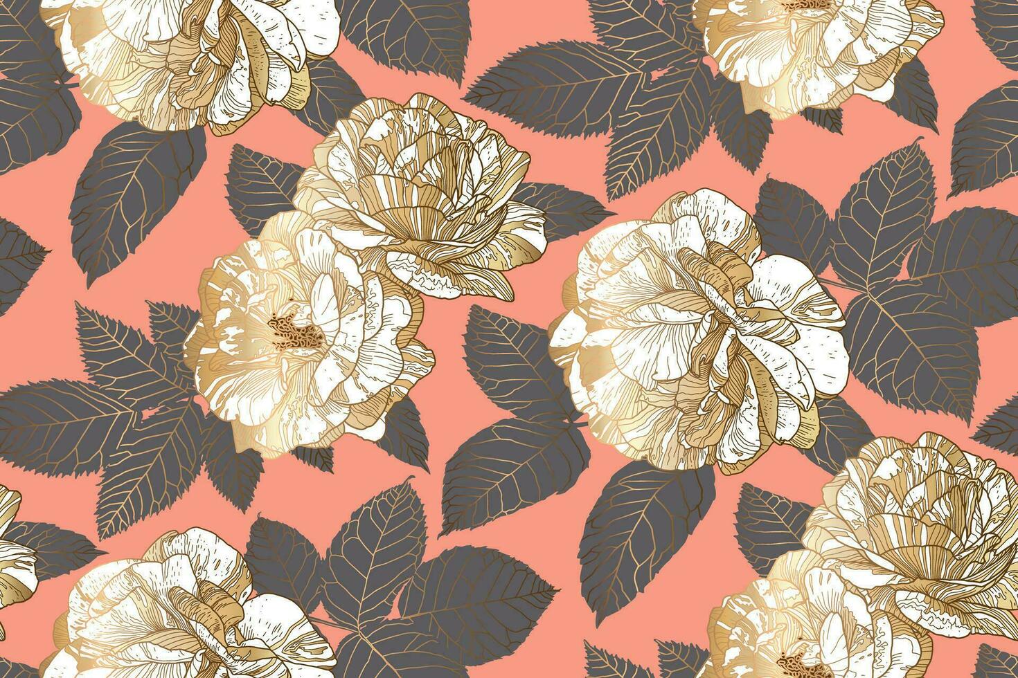 Seamless luxury pattern with white and gold roses and grey leaves on peach pink. Hand drawn contour lines. Wallpaper design for textiles, paper, print, fashion, card background, beauty products. vector