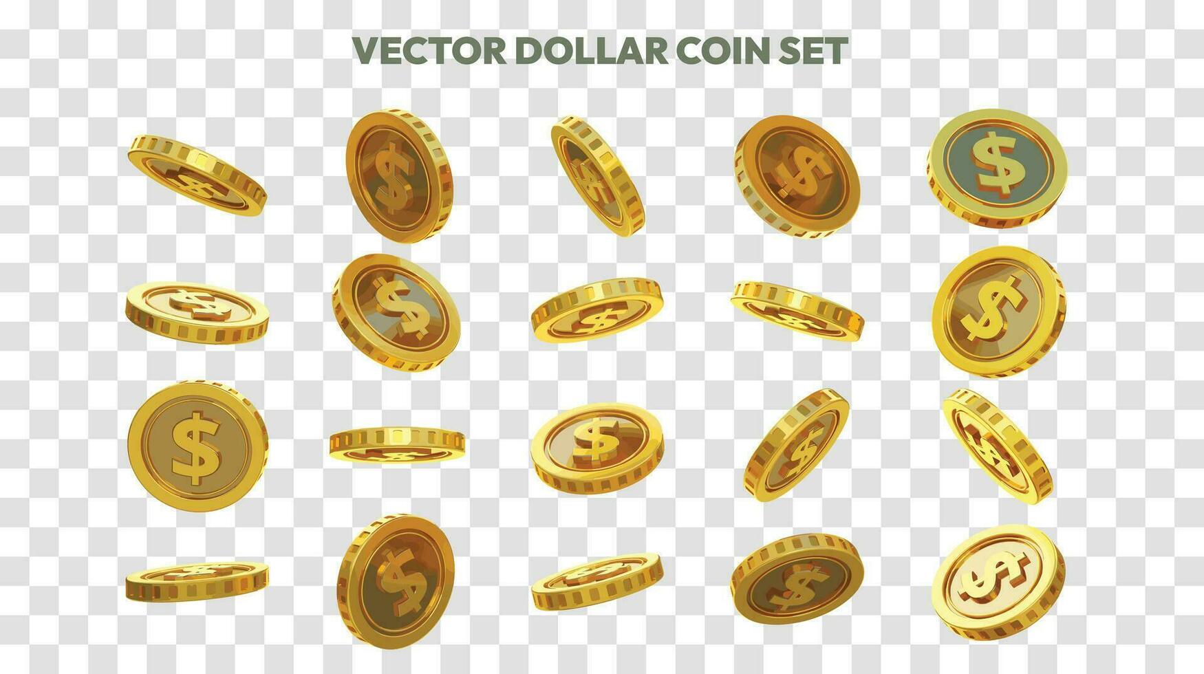 Vector illustration of set of abstract golden US dollar coins in different angles and orientations. Dollar Currency sign on coin design in Scalable eps format