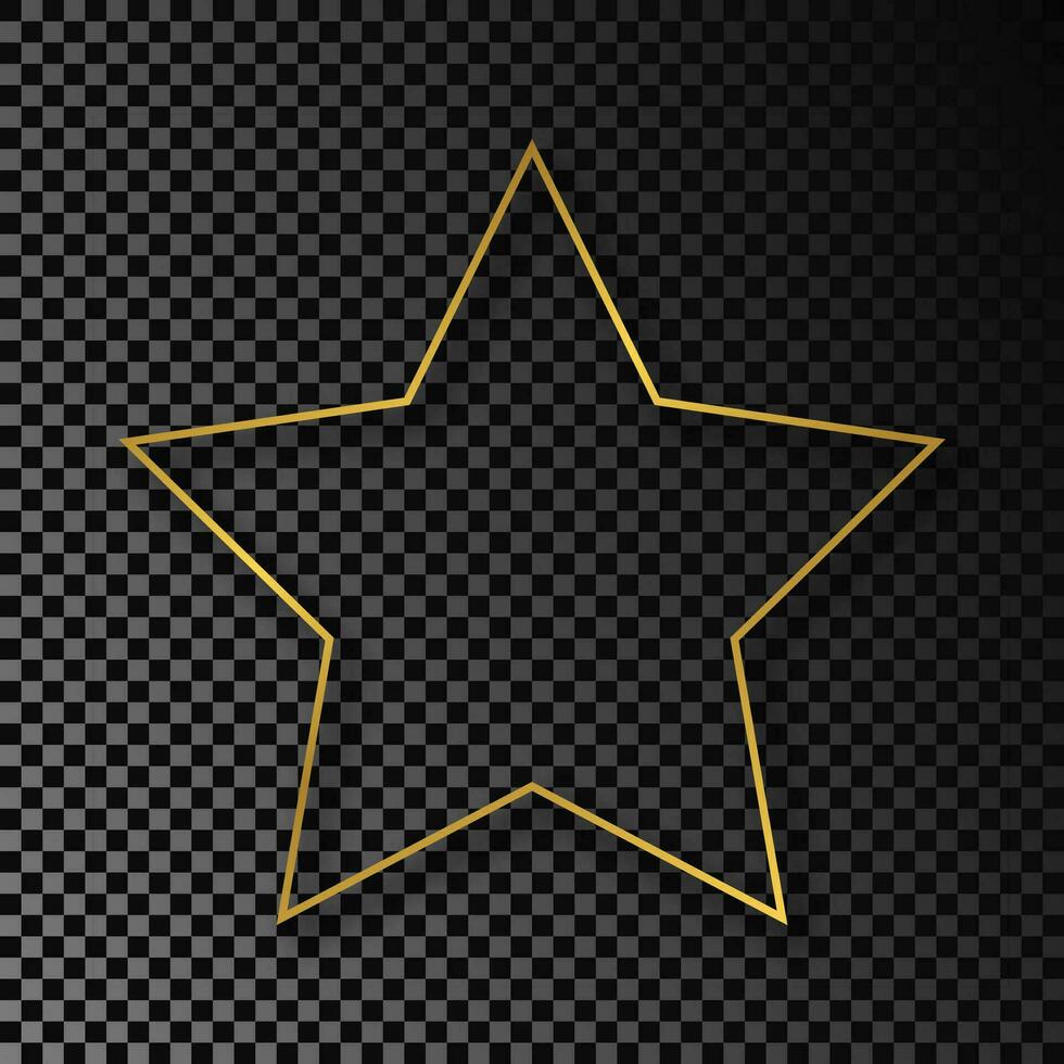 Gold glowing star shape frame with shadow isolated on dark background. Shiny frame with glowing effects. Vector illustration.