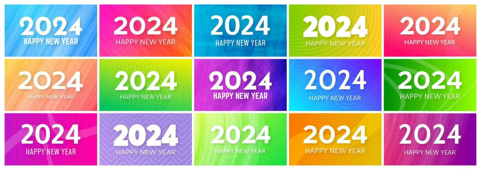 2024 Happy New Year backgrounds.  Big set of modern greeting banner templates with white 2024 New Year numbers on colorful abstract backgrounds with lines. Vector illustration