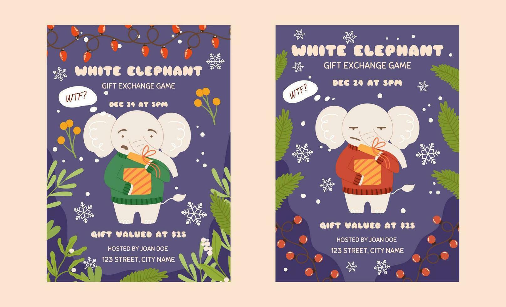 White elephant gift exchange party game template, set of two posters. Funny grumpy character who is surprised by what he sees in the gift box. Christmas party vector