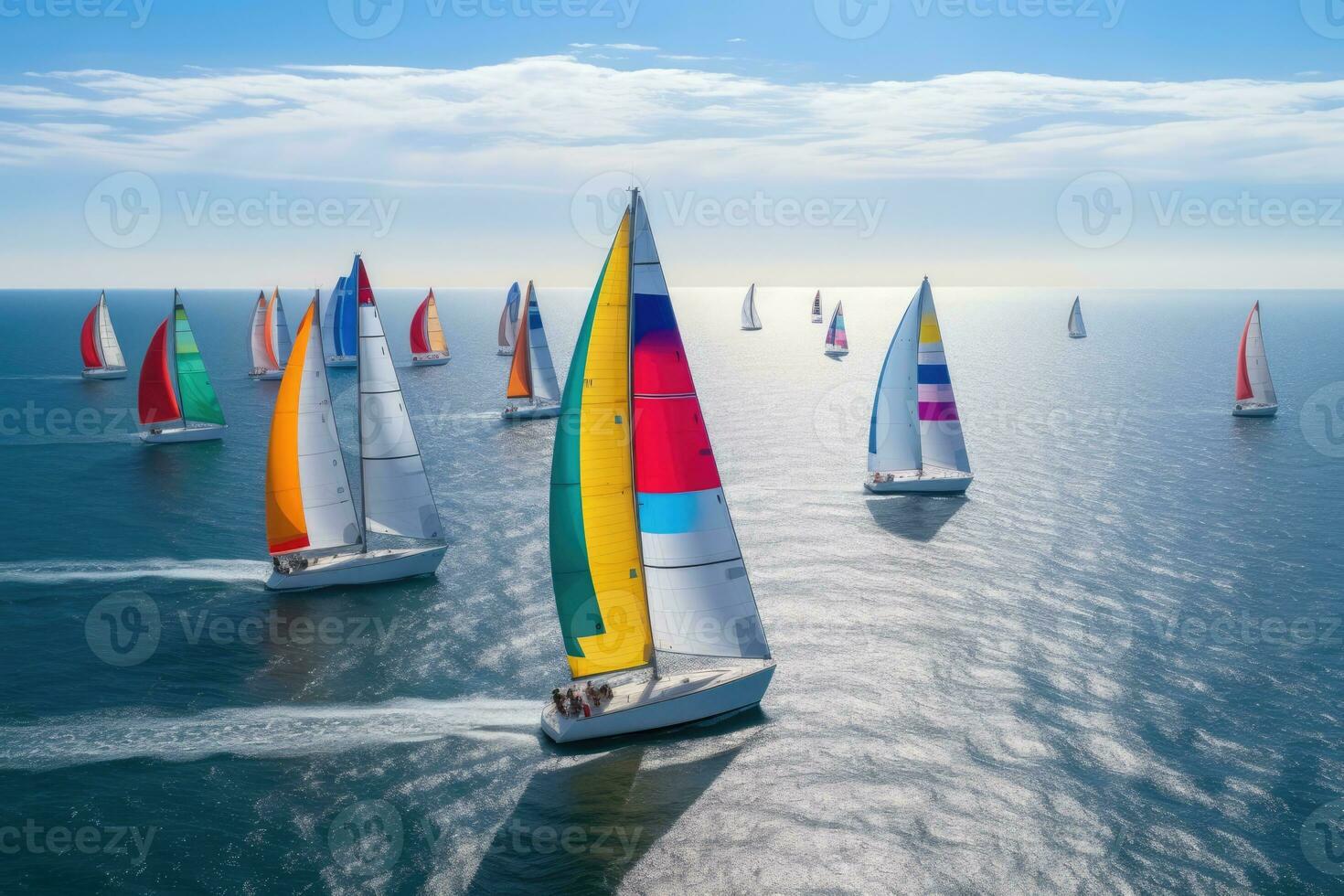 AI Generated Sport race wind yacht leisure team sailboat blue regatta sailing water ocean maritime photo