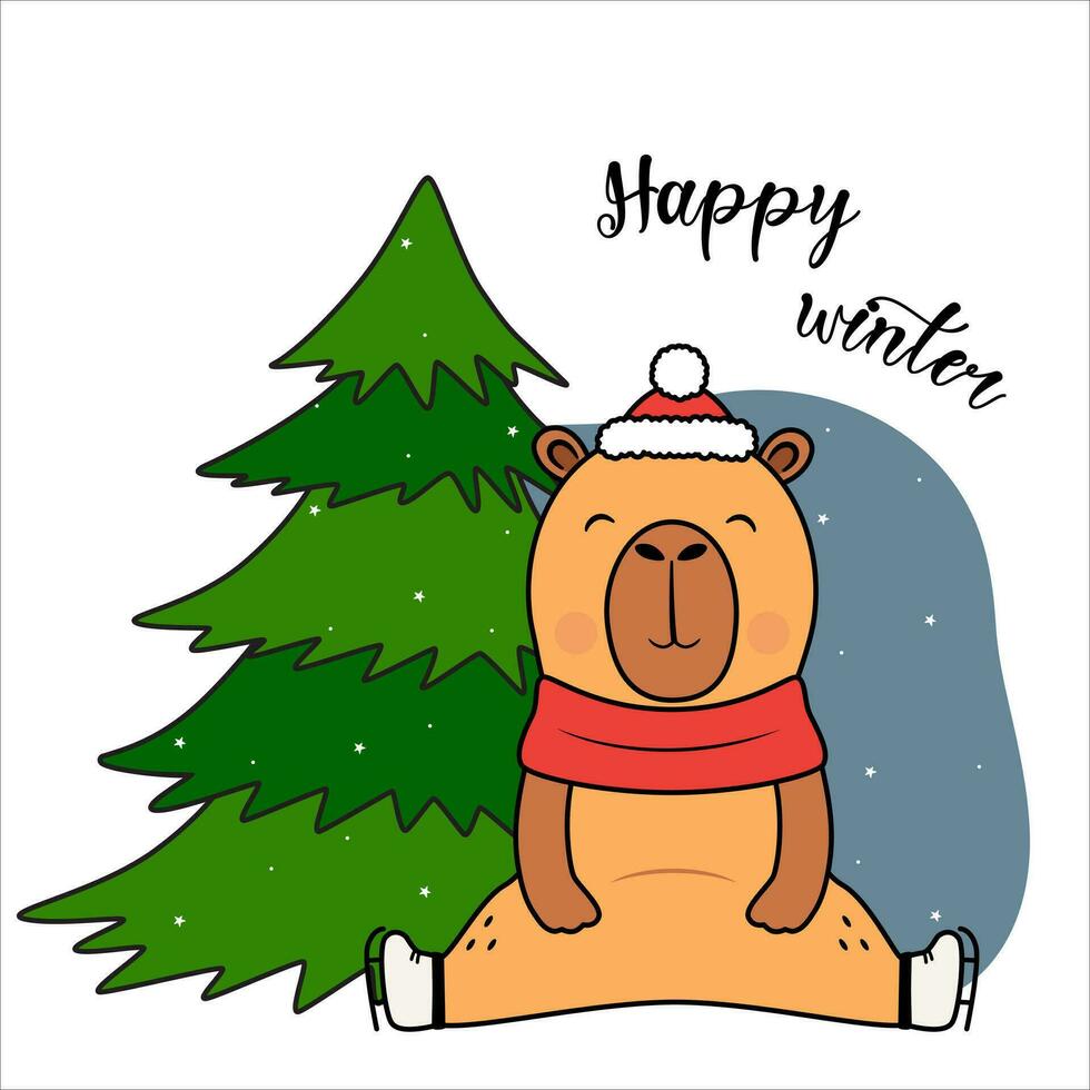 Funny capybara in skates next to Christmas tree. vector