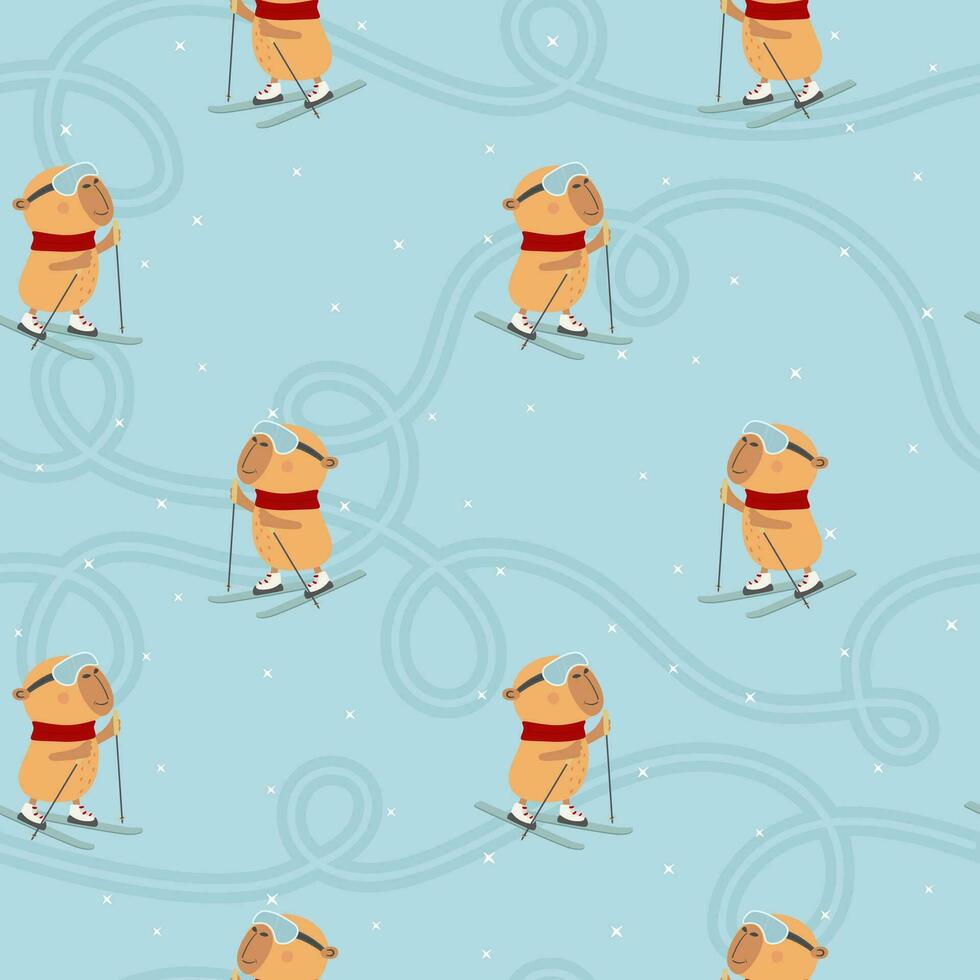 Cute seamless pattern with capybaras in a mask and skis. vector