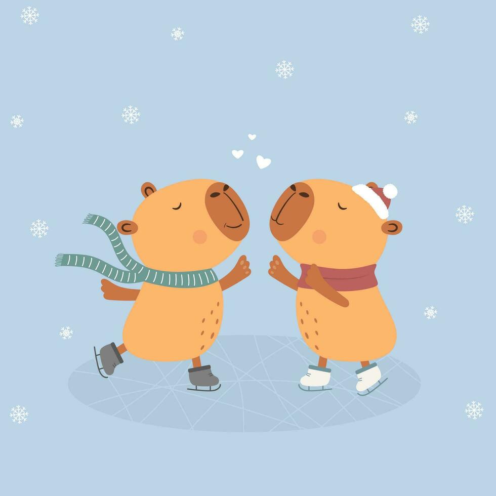 Greeting card with cute couple of capybaras skating. Capybaras in love vector