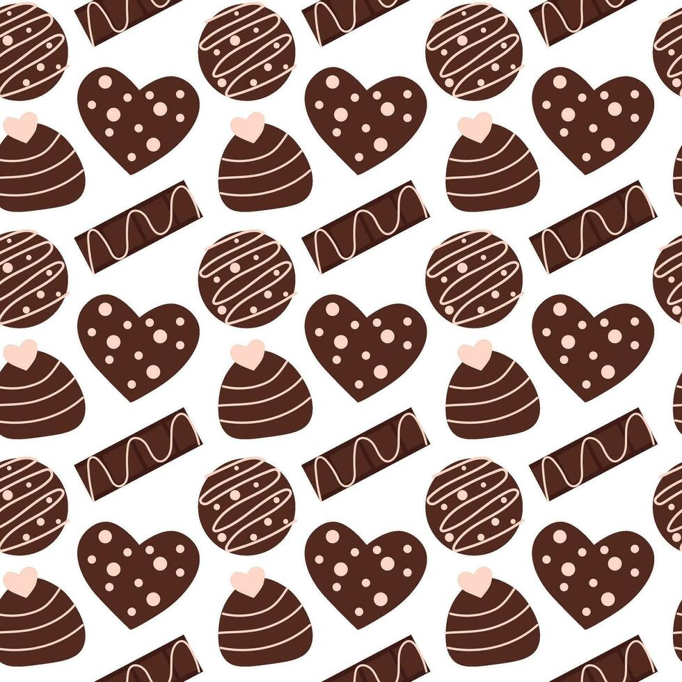 Seamless pattern with chocolates candies in form heart, circle and chocolate bar with pink icing. Valentine day background. Vector flat illustration.