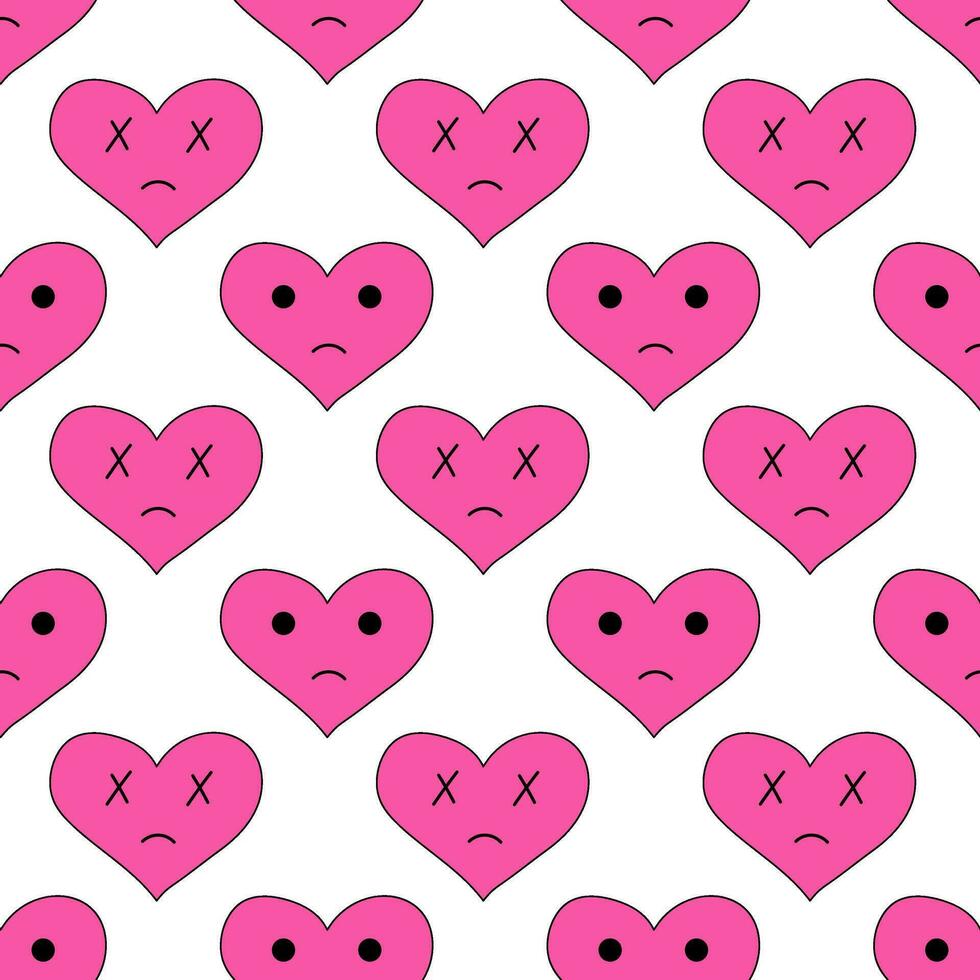 Seamless Pattern with hearts of sadness in emo style. Y2k. Pink weird gloomy hearts. Anti Valentine Day. Vector flat illustration.