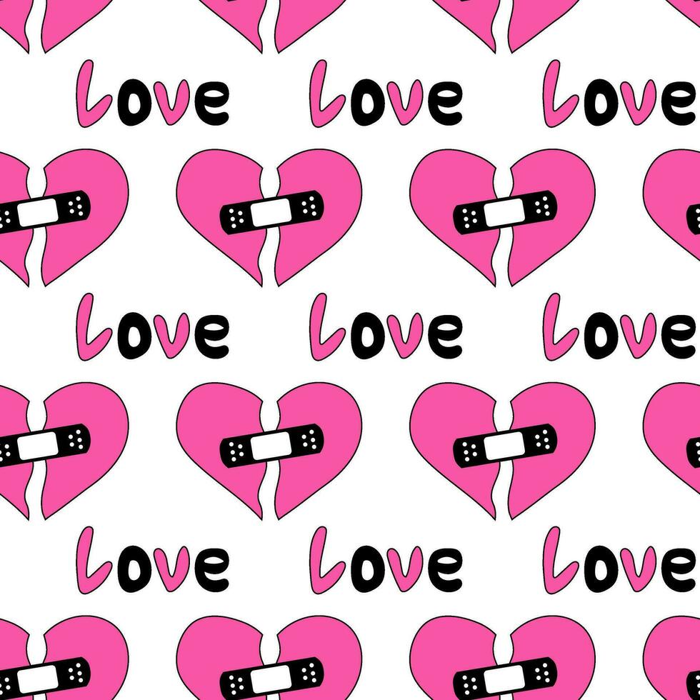 Seamless Pattern with hearts and text love in emo style. Y2k. Black and pink. Broken heart with patch. Vector flat illustration.