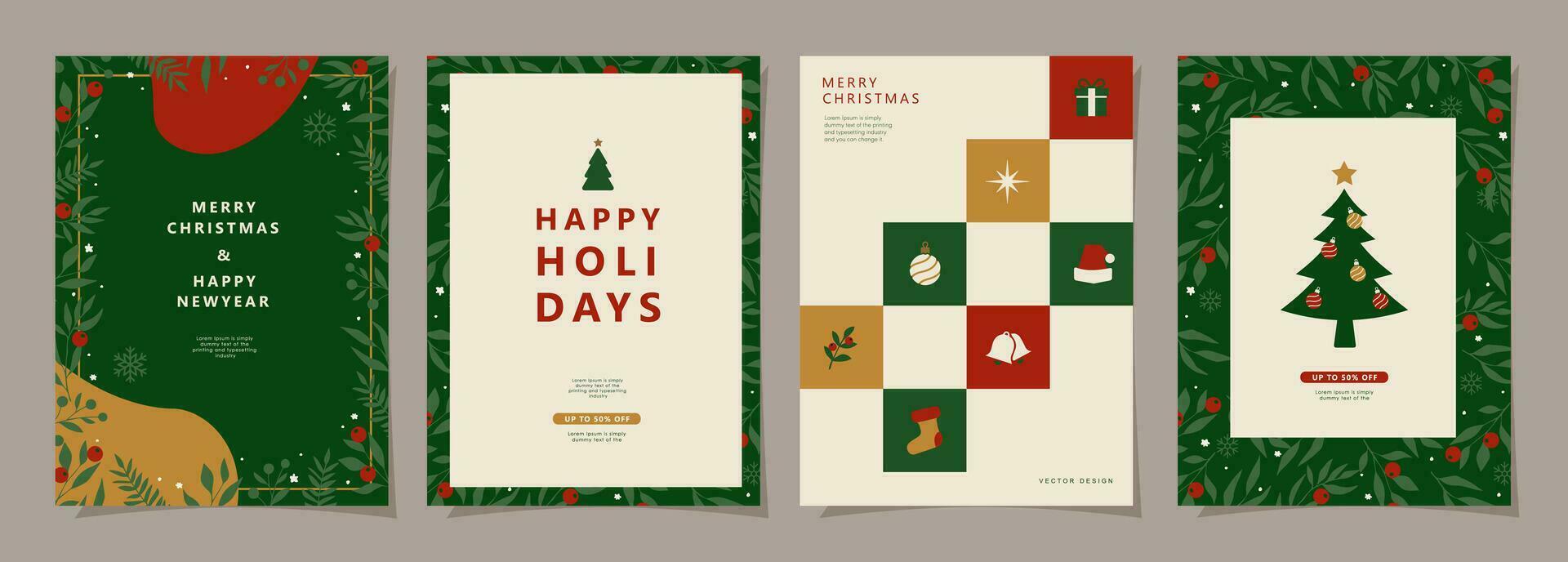Set of Merry Christmas and Happy New Year background. Greeting and invitation card, web banner, holiday cover, flyer, poster design templates. Modern flat vector illustration.