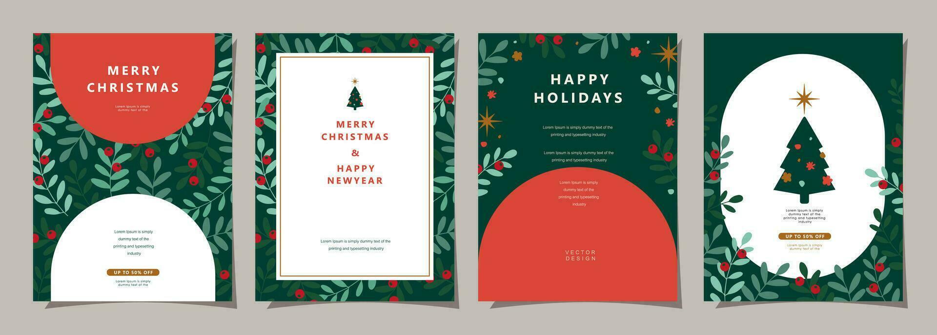 Set of Merry Christmas and Happy New Year background. Greeting and invitation card, web banner, holiday cover, flyer, poster design templates. Modern flat vector illustration.