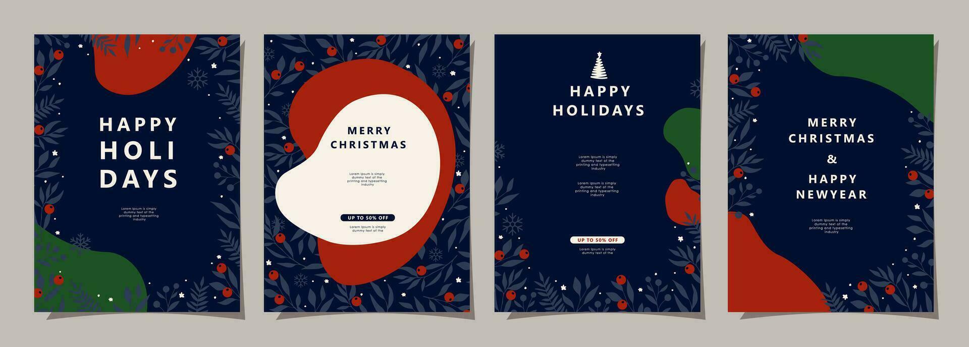 Set of Merry Christmas and Happy New Year background. Greeting and invitation card, web banner, holiday cover, flyer, poster design templates. Modern flat vector illustration.