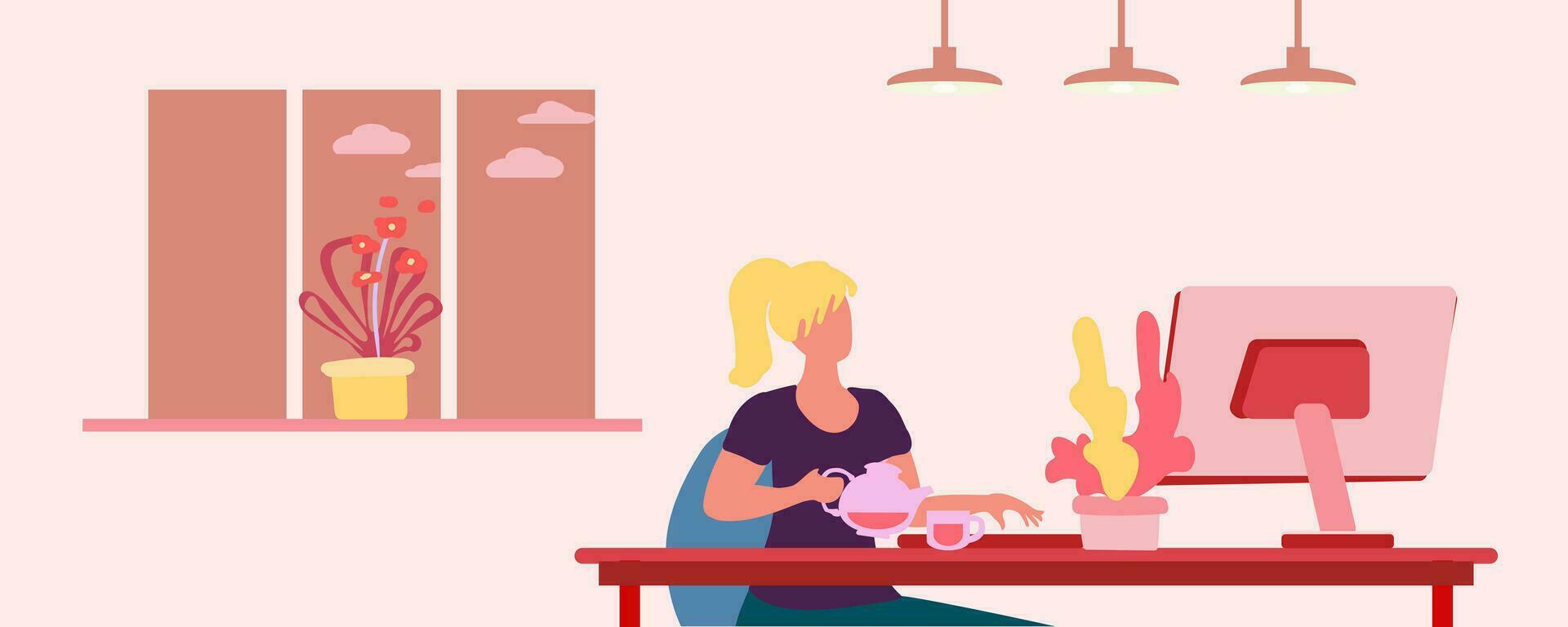 Girl at the computer, remote work concept, freelancing, cartoon flat vector illustration