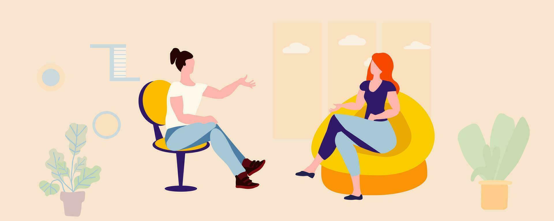 A girl interviews a guy in a room with a window. Friendly conversation. Interior, room, yellow. vector