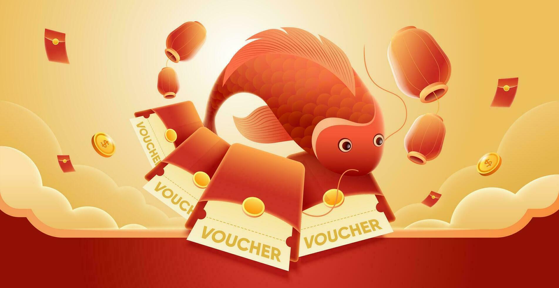 haLucky carp and lucky money envelopes to celebrate Lunar New Year vector