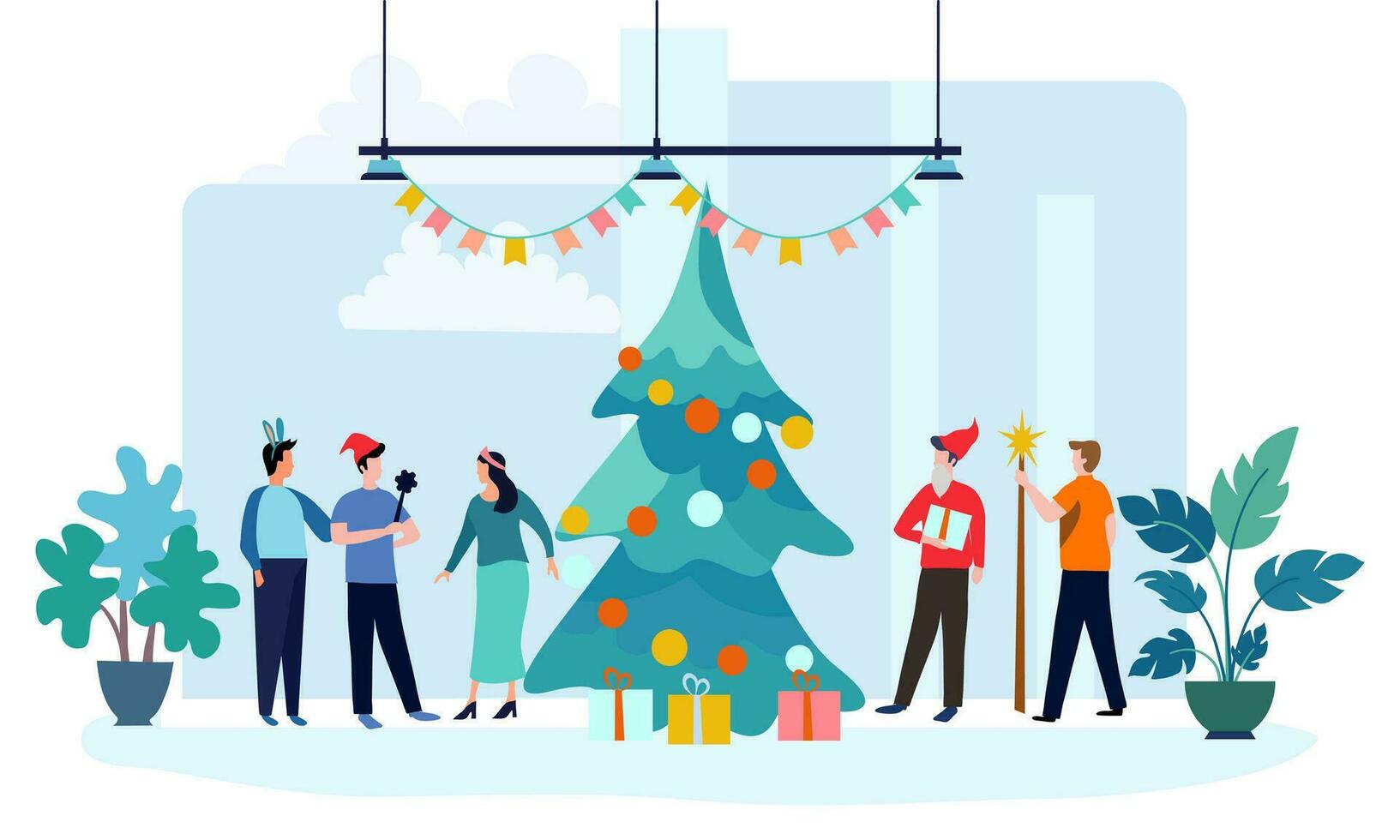 Christmas party in the office with the christmas tree, New year celebration with the team. Team members corporate party event wearing funny costumes. Flat modern illustration. vector