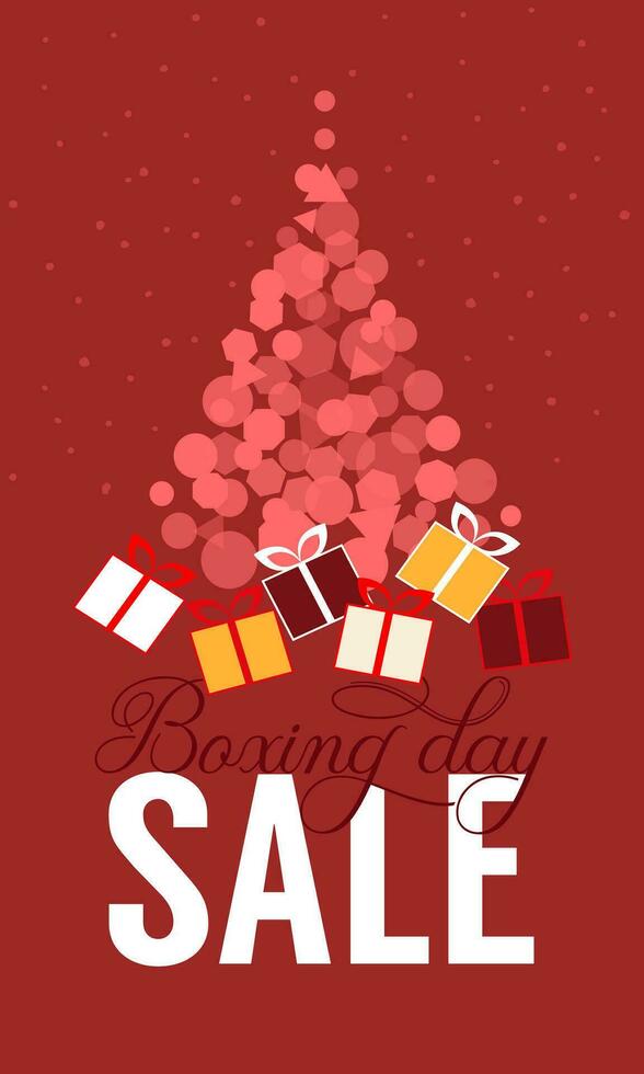 Boxing day Sale Banner vector illustration. Surprise present boxes under Christmas tree.