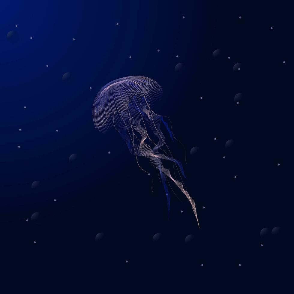 Jellyfish blue lightening, poisonous jellyfish in dark deep water with glowing plankton, deep ocean creature, vector illustration background.