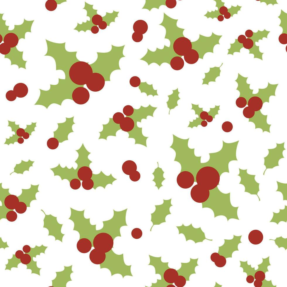 Vector seamless pattern with holly berries and leaves. Christmas wrapping paper background. Pattern for fabric print, cards design