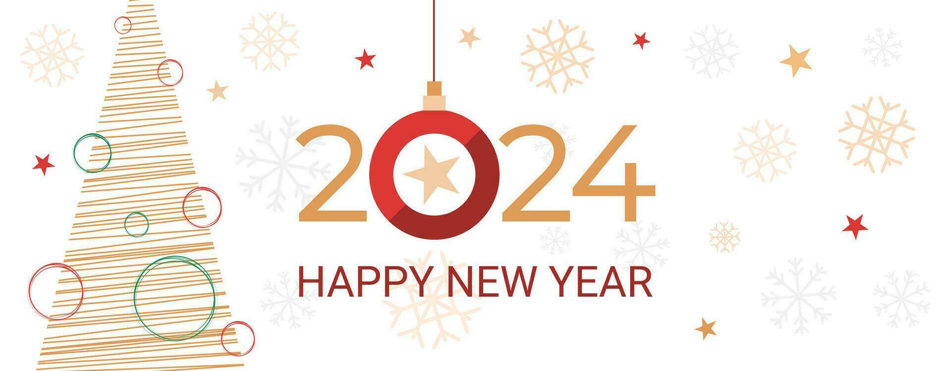 2024 nuevo año bandera, saludo, fiesta invitación, gráfico modelo con plano abeto árbol, texto saludo, estrellas y copos de nieve decoraciones fiesta antecedentes vector ilustración.
