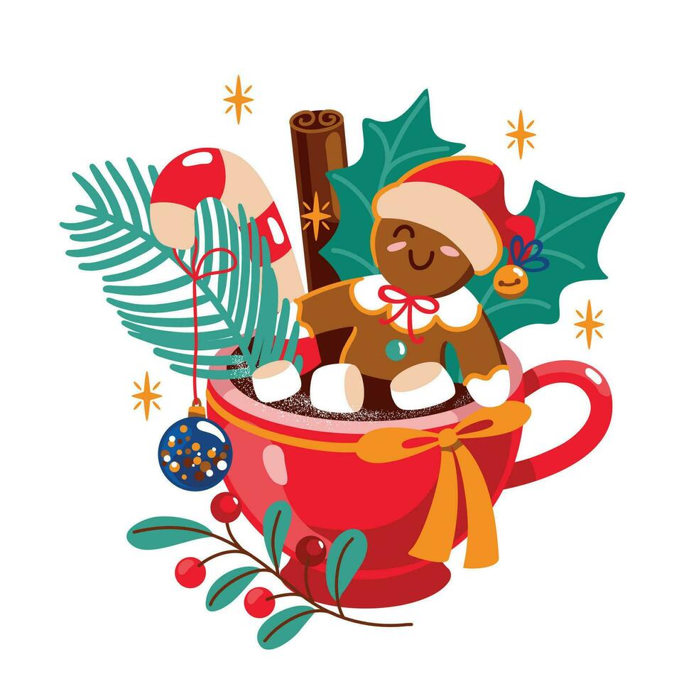 Gingerbread man and cup of hot chocolate with marshmallow. Vector. vector