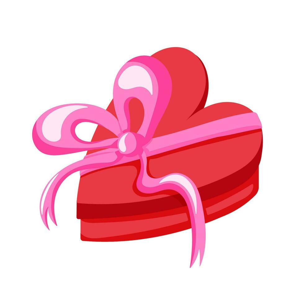 Red gift box in the shape of a heart in cartoon style. Present box with the pink bow. Vector illustration isolated on a white background.