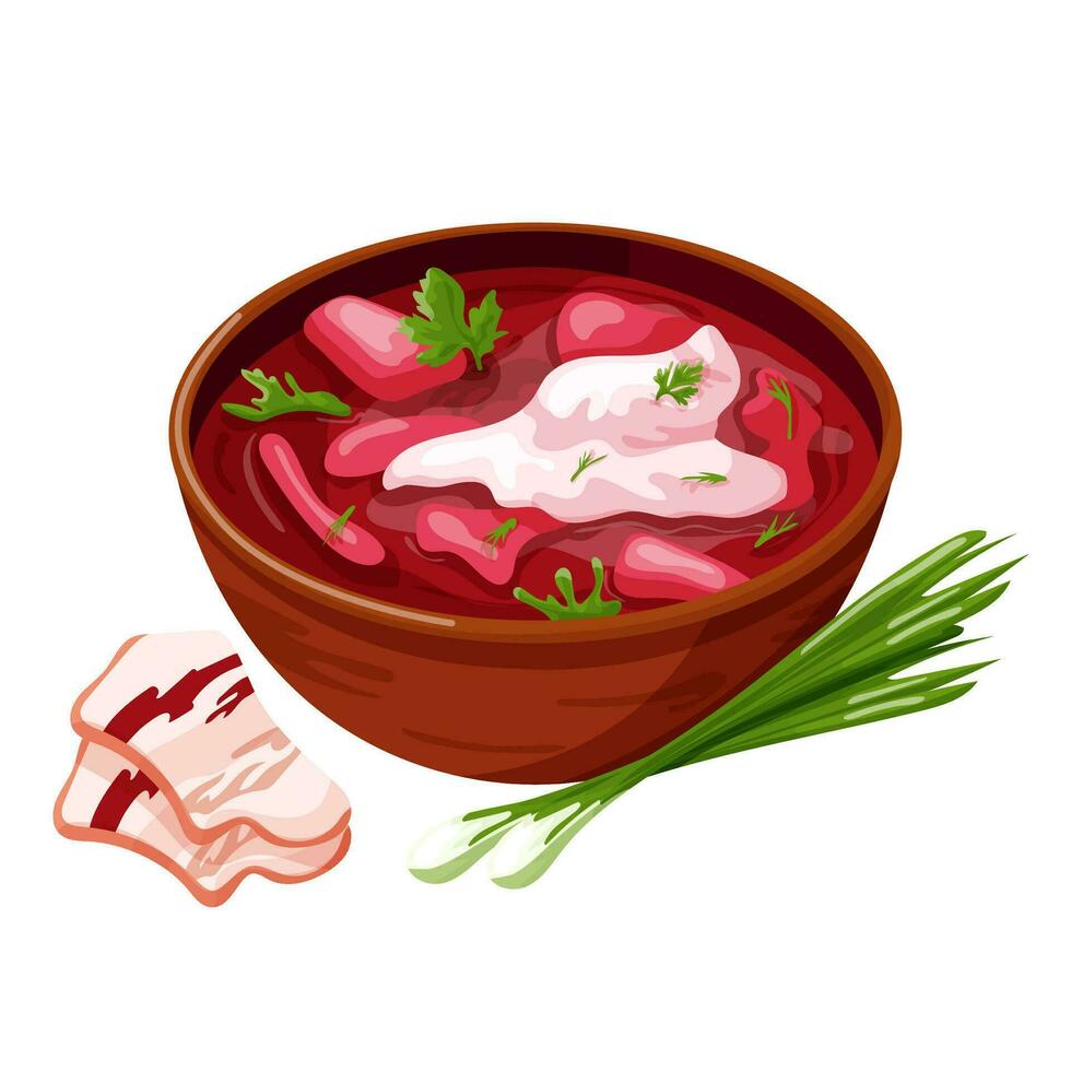 Ukrainian borscht with green onion, sour cream and lard. Vector cartoon illustration isolated on a white background.