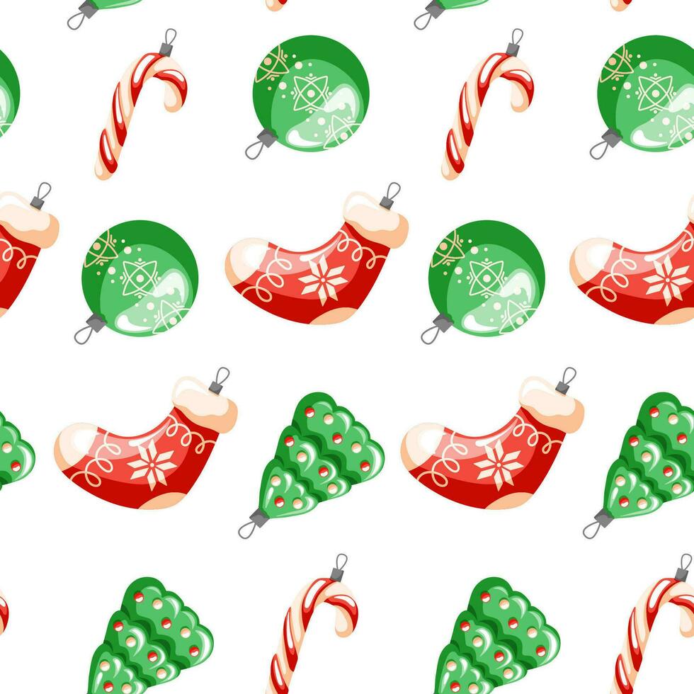 Christmas tree toys seamless pattern in cartoon style. Christmas sock, tree, candy cane and balls decoration. New year wallpaper. Vector illustration isolated on a white background.