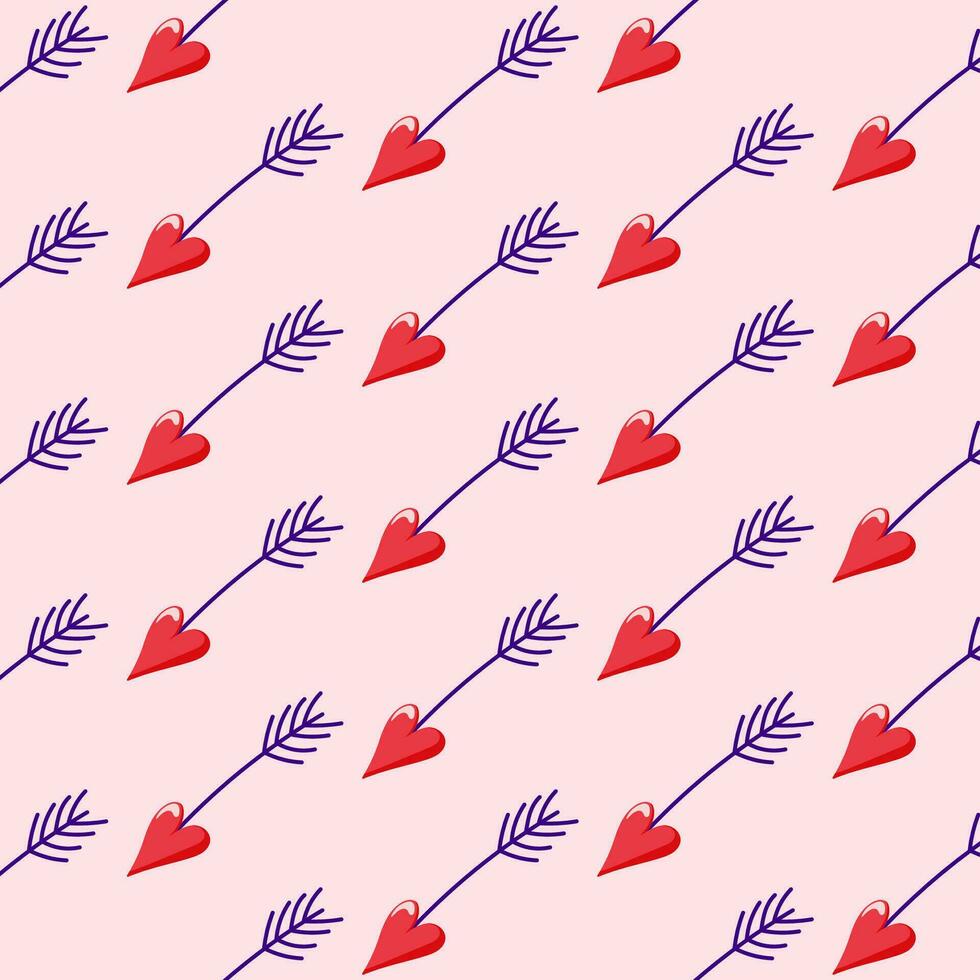 Cupids arrows seamless pattern in cartoon style. Cute arrows with hearts for Valentines Day. Vector illustration on a pink.