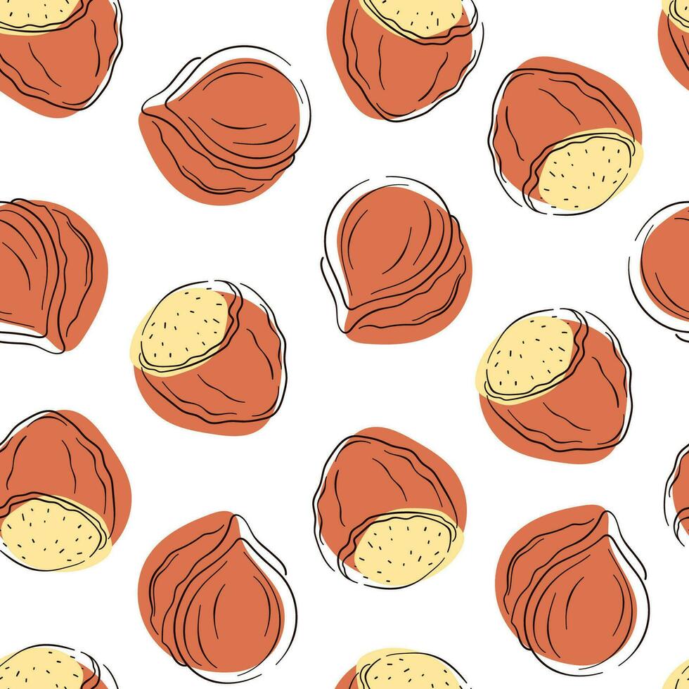 Hazelnut seamless pattern in line art style. Hand drawn, sketch. Vector illustration on a white background.