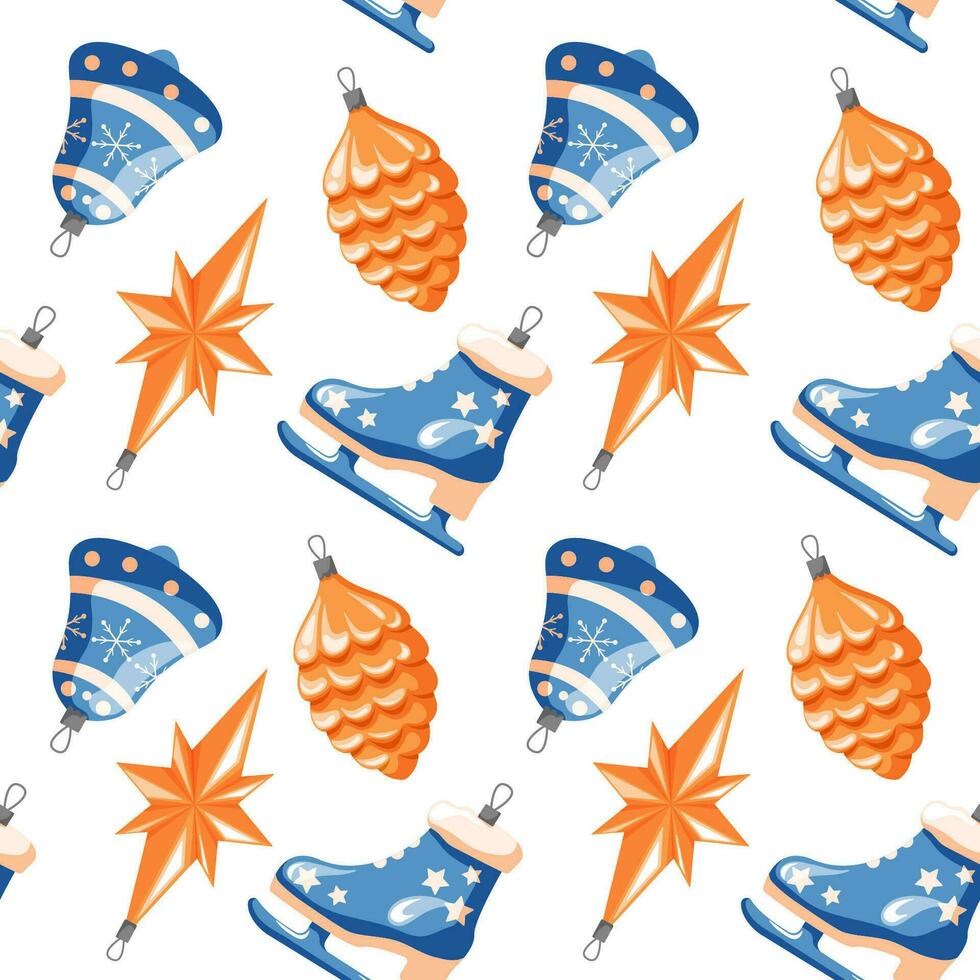 Christmas and Happy New Year seamless pattern in cartoon style. Christmas toys decoration in a shape of star, bell, ice skate and pine cone. Retro, vintage. Vector illustration isolated on a white