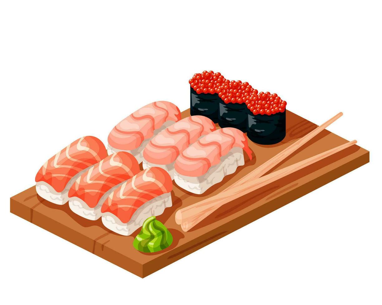 Sushi set of red fish nigiri and shrimp, gunkans and wasabi on a wooden plate with chopsticks. Traditional Japanese cuisine. Vector illustration isolated on a white background.